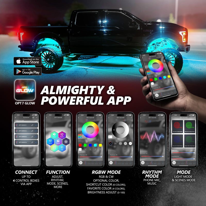 OPT7 أضواء الصخور LED RGBW من OPT7 Quantum Pro مع تطبيق بلوتوث وجهاز تحكم عن بعد، مجموعة إضاءة تحتية متعددة الألوان بزاوية واسعة 4 بودات مع سلك تمديد، مقاومة للماء IP68 للشاحنات والـ ATV والـ UTV والـ SUV. - Image 2